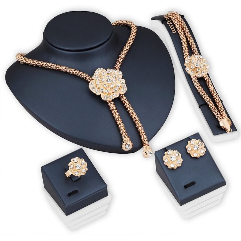 Camellia Flower Golden Rhinestone 4pcs Necklace Set